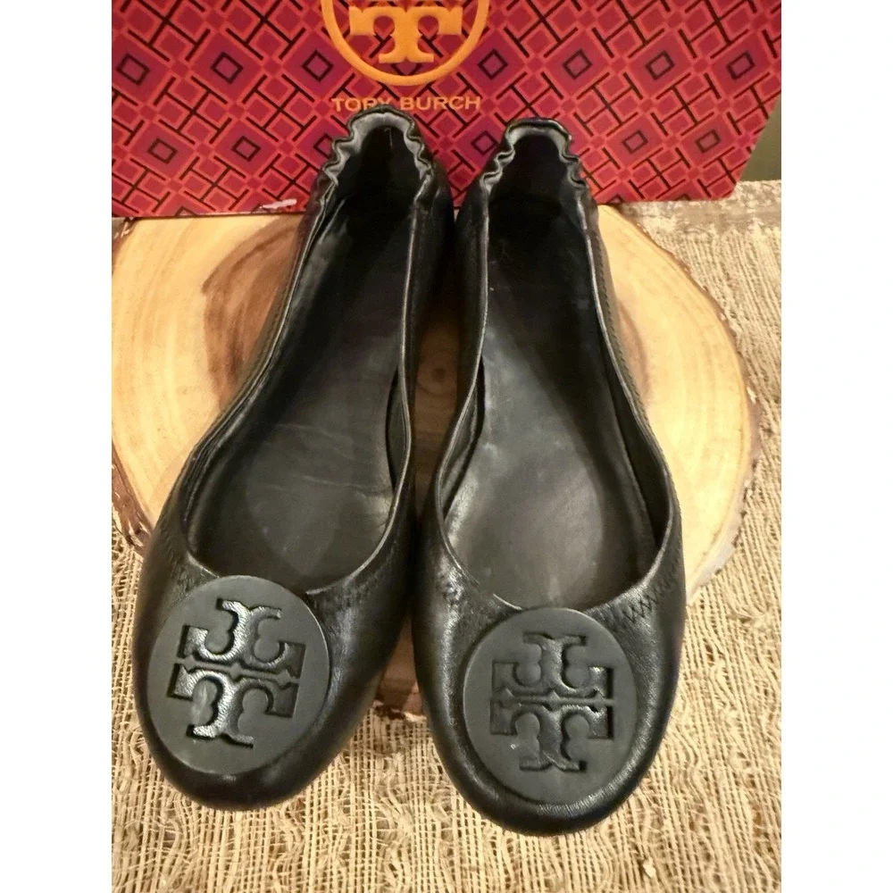 Tory Burch Minnie Travel Matte Black Leather Round Toe Ballet Flats Size 6.5